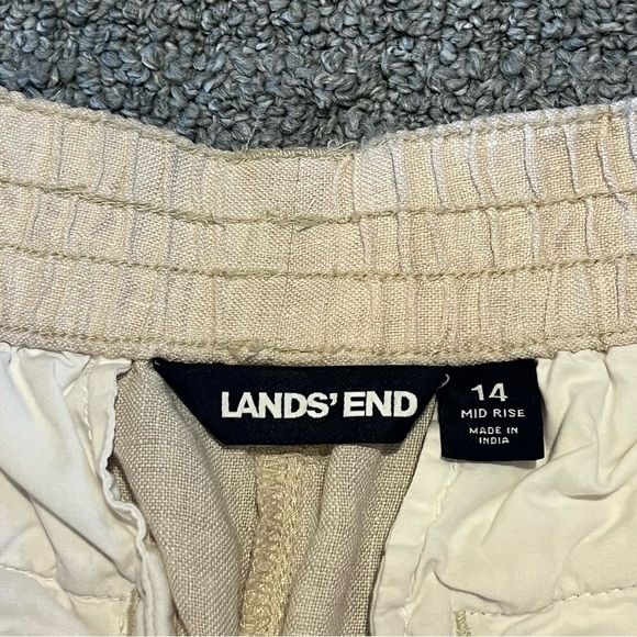 Lands End Pants Womens 14 Tan Linen Pull On Cropped Paper Bag Elastic Waist - Picture 3 of 9